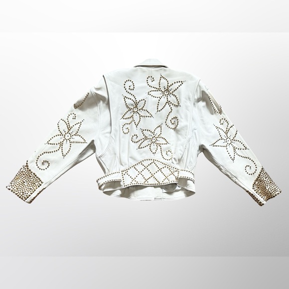 Vintage 1980s John Michael White Leather Studded Rhinestone Jacket Large - Picture 2 of 9